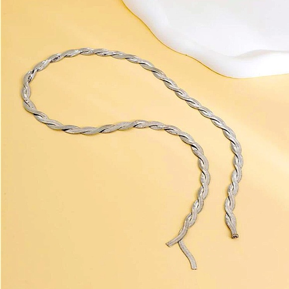 Y Lariat Sterling Silver Twisted Herringbone Statement Necklace Choker - Picture 3 of 5